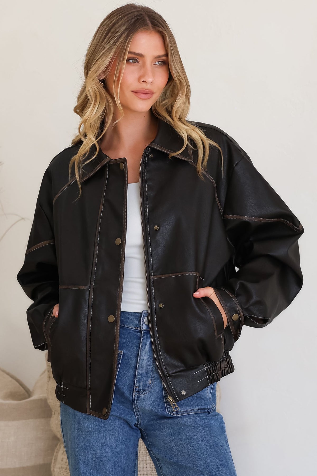 Liano Jacket - Notched Collar PU Leather Constrast Stitch Utility-Style Jacket in Brown