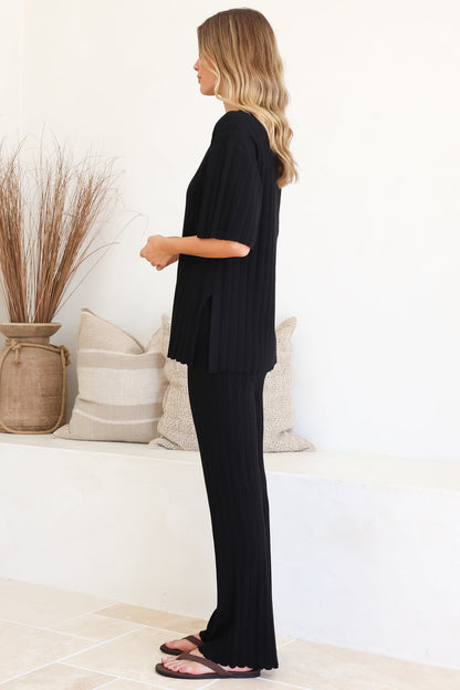Lisette Set - Ribbed Knit Crew Neck Top and Subtle High Waisted Flared Tights in Black