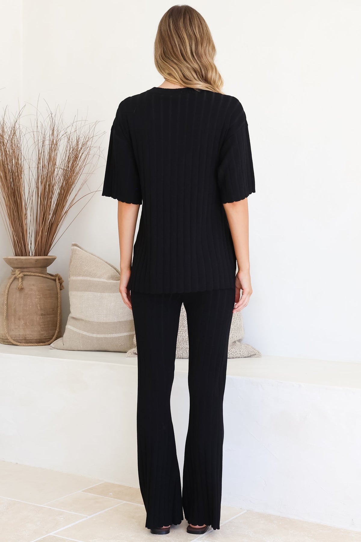 Lisette Set - Ribbed Knit Crew Neck Top and Subtle High Waisted Flared Tights in Black