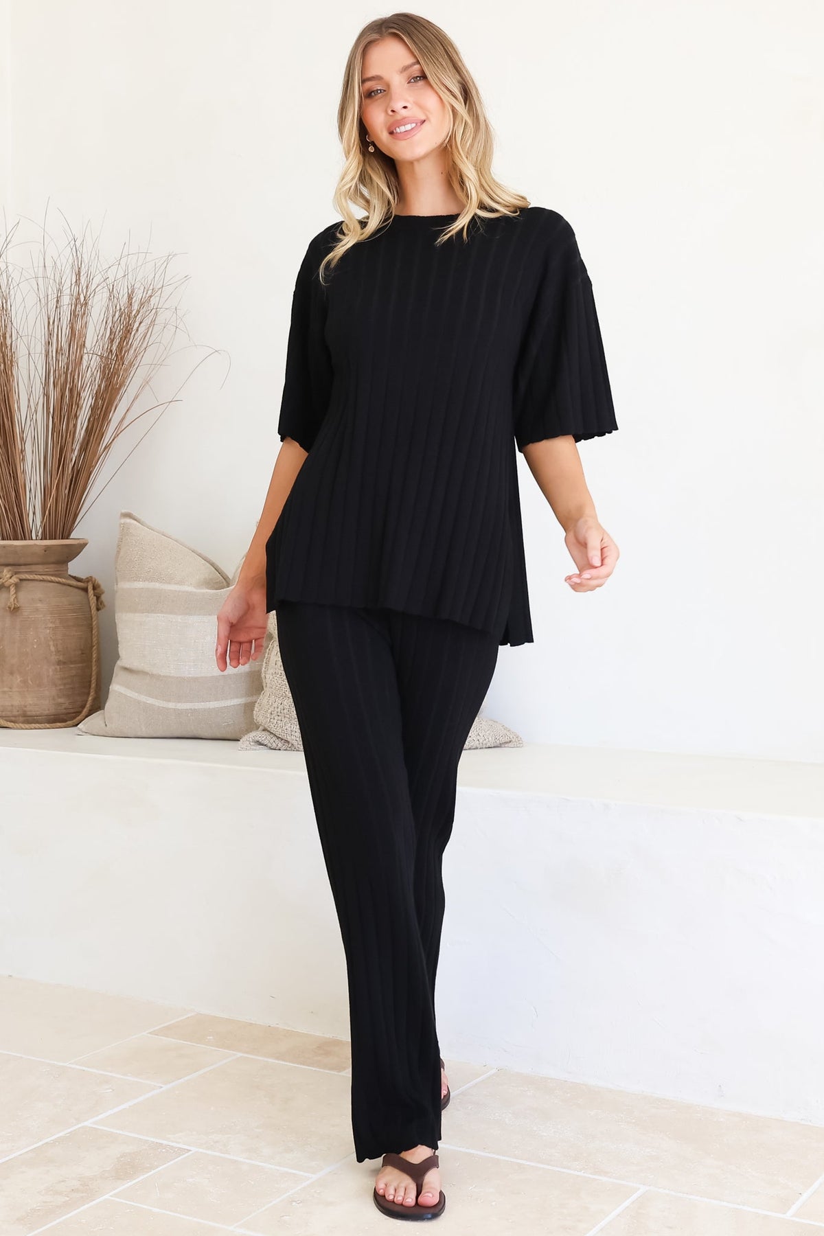 Lisette Set - Ribbed Knit Crew Neck Top and Subtle High Waisted Flared Tights in Black