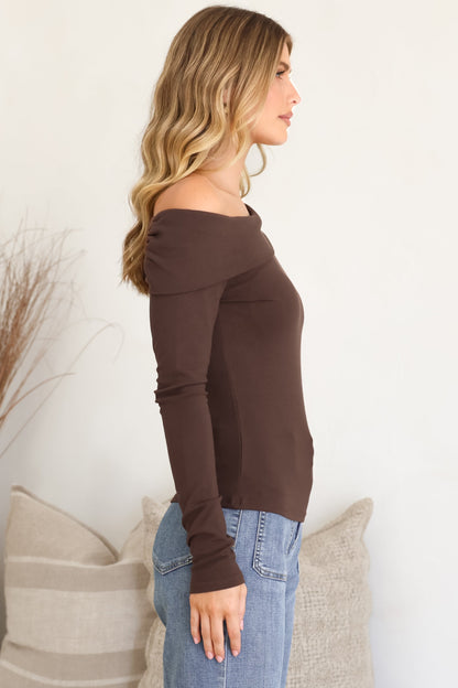 Lissa Top - Folded Asymmetric Neckline Long Sleeve Top in Chocolate