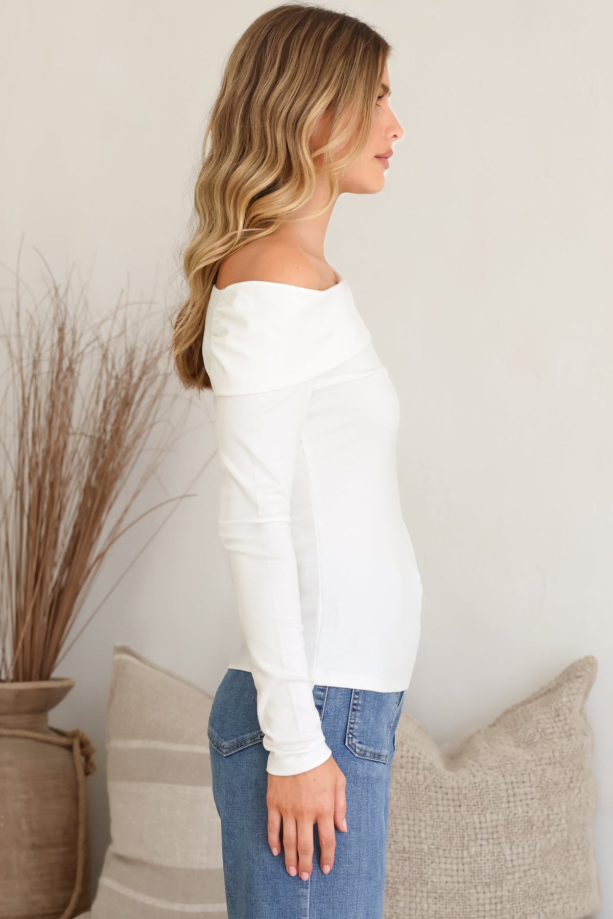 Lissa Top - Folded Asymmetric Neckline Long Sleeve Top in White
