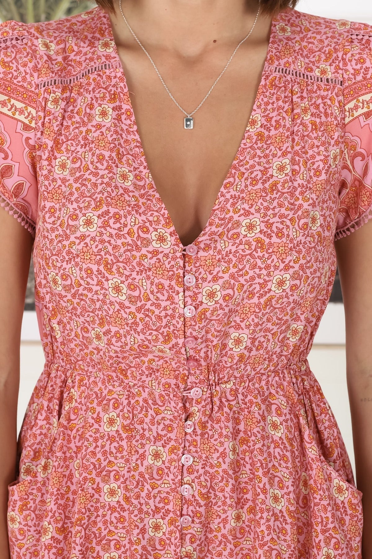 JAASE - Lizzie Mini Dress: Butterfly Cap Sleeve Button Down Dress with Pockets in Strawberries and Cream Print