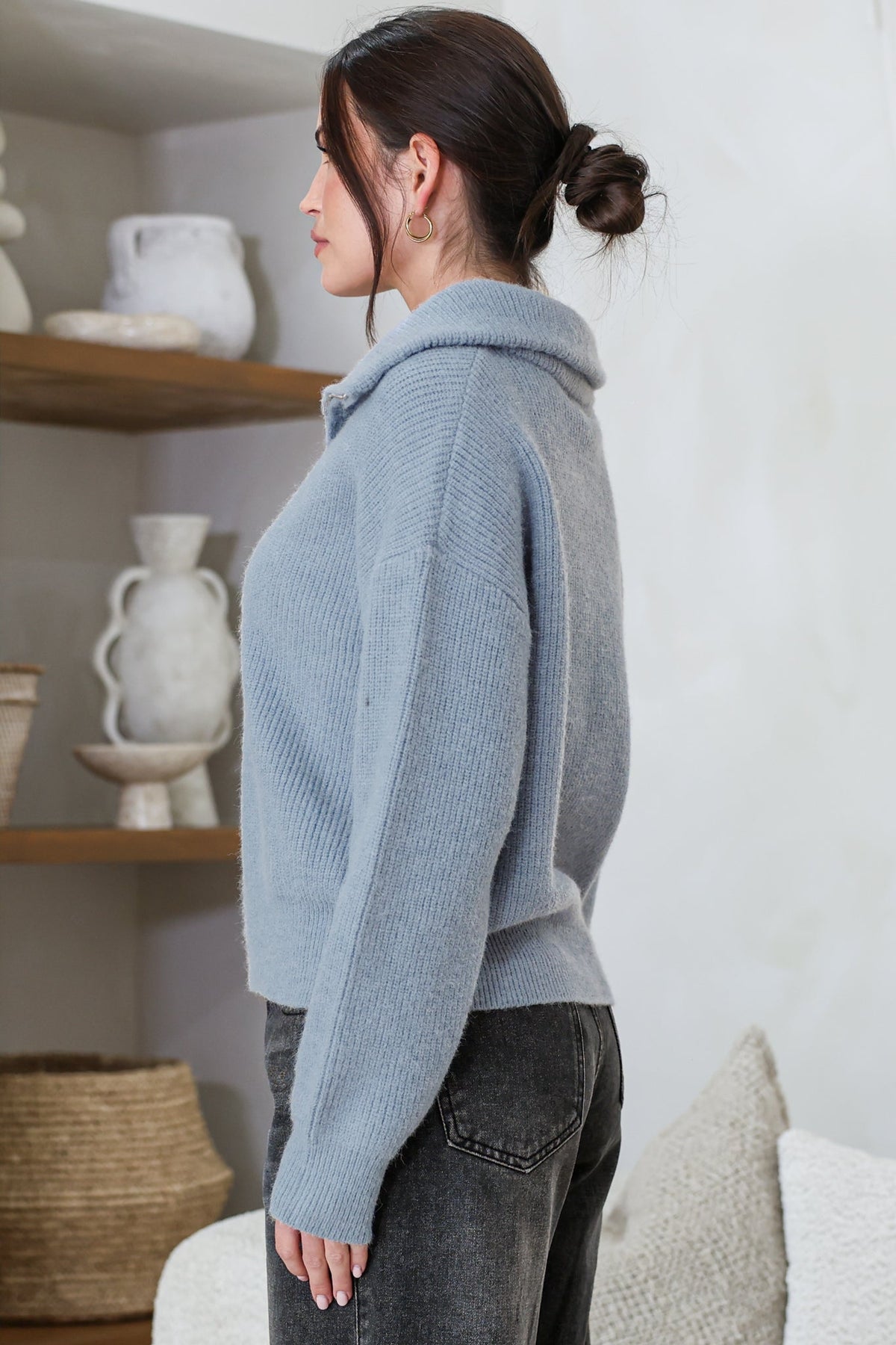 Logan Cardigan - Zipper Front Ribbed Knit with Wing Collar in Blue