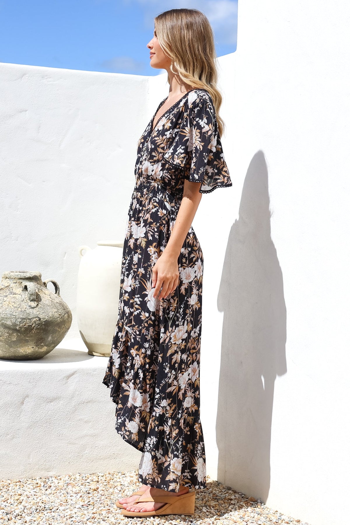 London Maxi Dress - Elasticated Waist Button Detail High Low Dress with Flutter Cap Sleeves in Sorrento Print Black