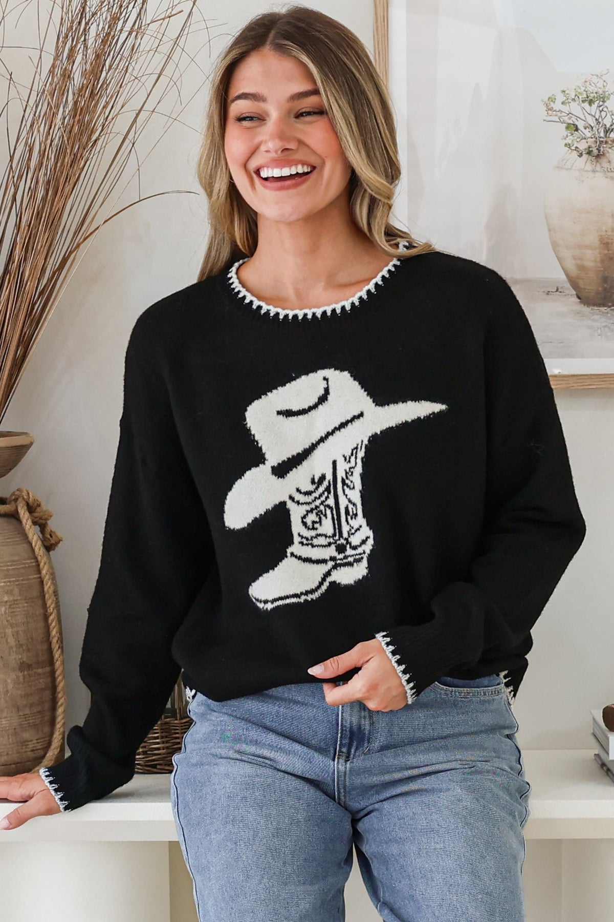 Loretta Jumper - Crew Neck Cowgirl Motif Knit in Black