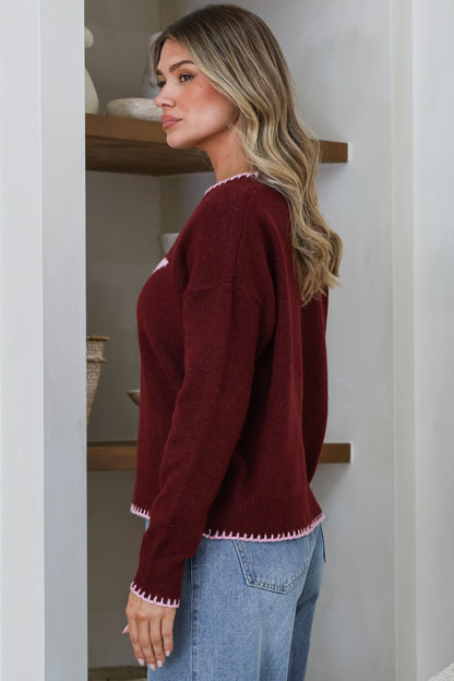 Loretta Jumper - Crew Neck Cowgirl Motif Knit in Wine