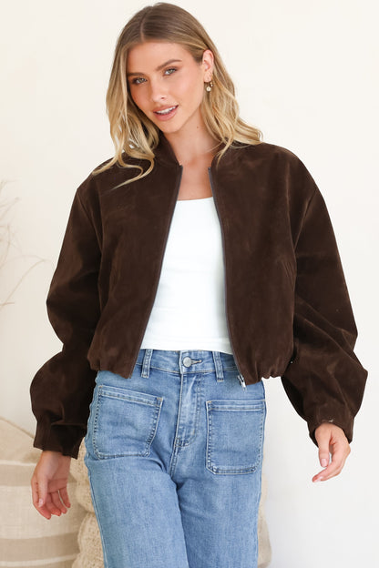 Lowry Jacket - Faux Suede Bomber Jacket with Pockets in Brown