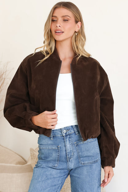 Lowry Jacket - Faux Suede Bomber Jacket with Pockets in Brown
