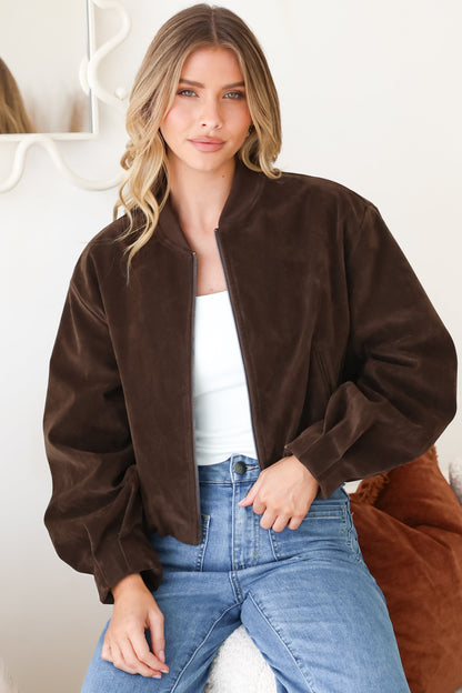 Lowry Jacket - Faux Suede Bomber Jacket with Pockets in Brown