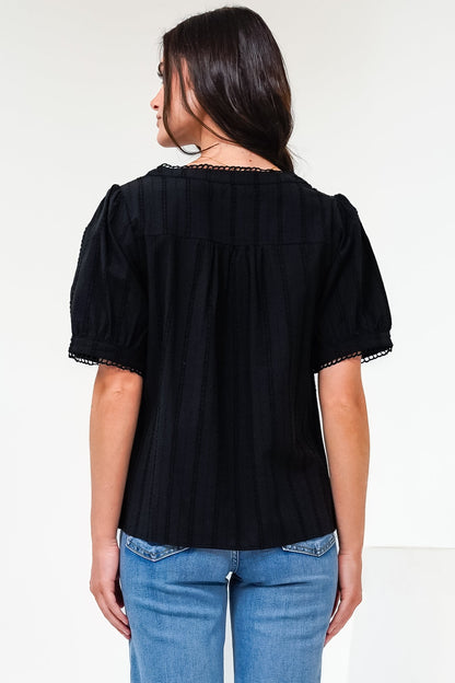 Loyalty Top - Textured V-Neck Split Collar Top with Puff Sleeves and Scallop Trims in Black