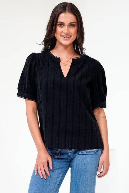 Loyalty Top - Textured V-Neck Split Collar Top with Puff Sleeves and Scallop Trims in Black