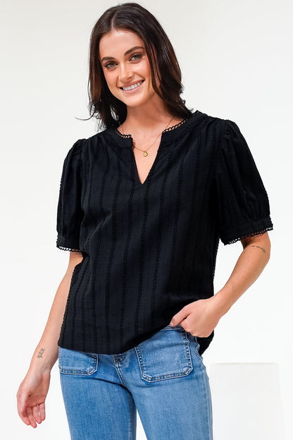 Loyalty Top - Textured V-Neck Split Collar Top with Puff Sleeves and Scallop Trims in Black
