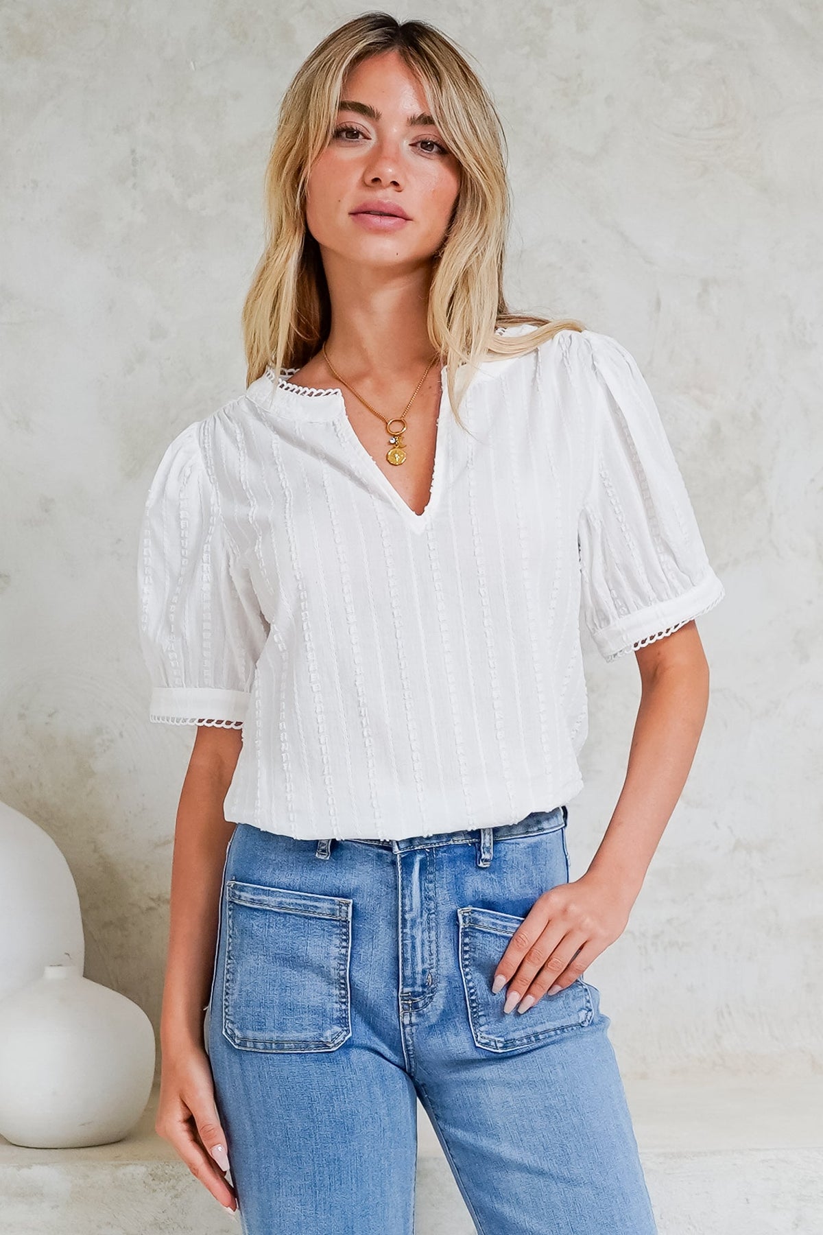 Loyalty Top - Textured V-Neck Split Collar Top with Puff Sleeves and Scallop Trims in White