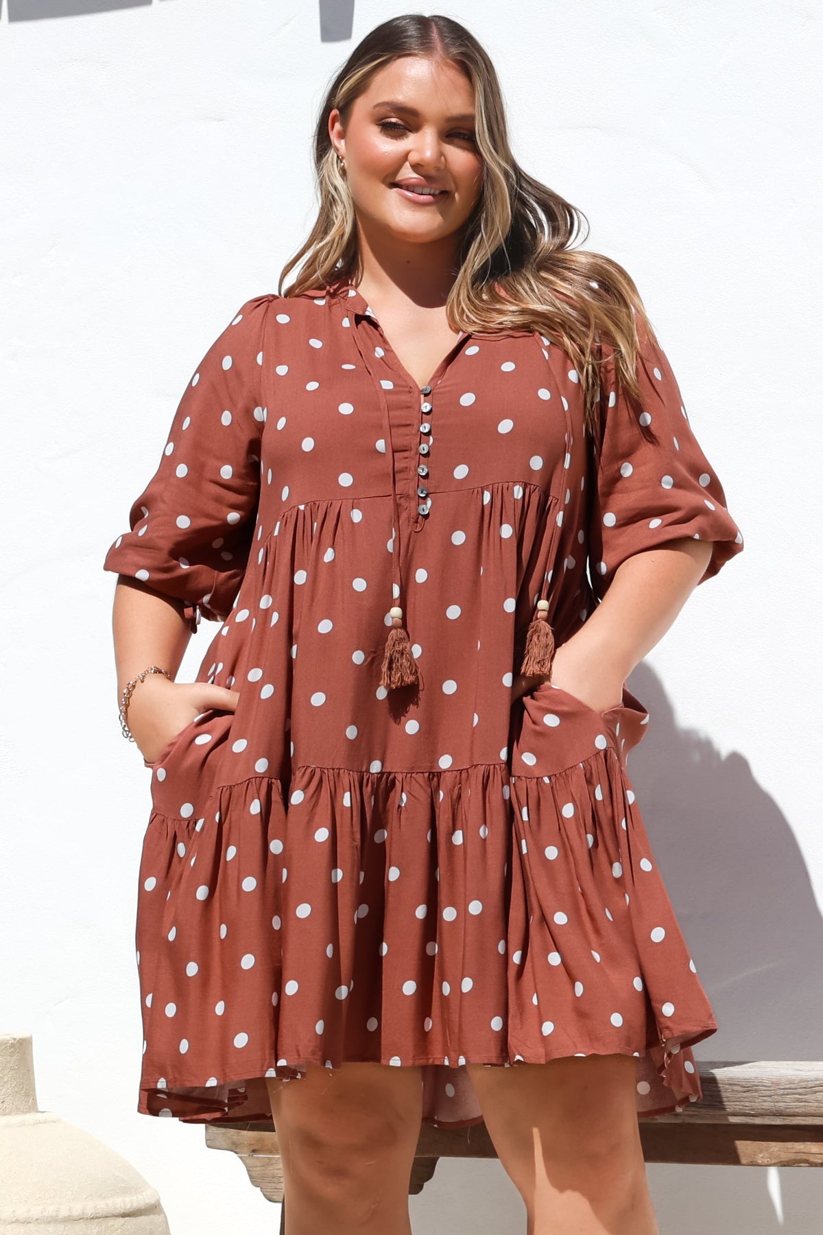 Marah Mini Dress - Mandarin Collar Short Sleeve with Tie Smock Dress in Parisian Polka Rust