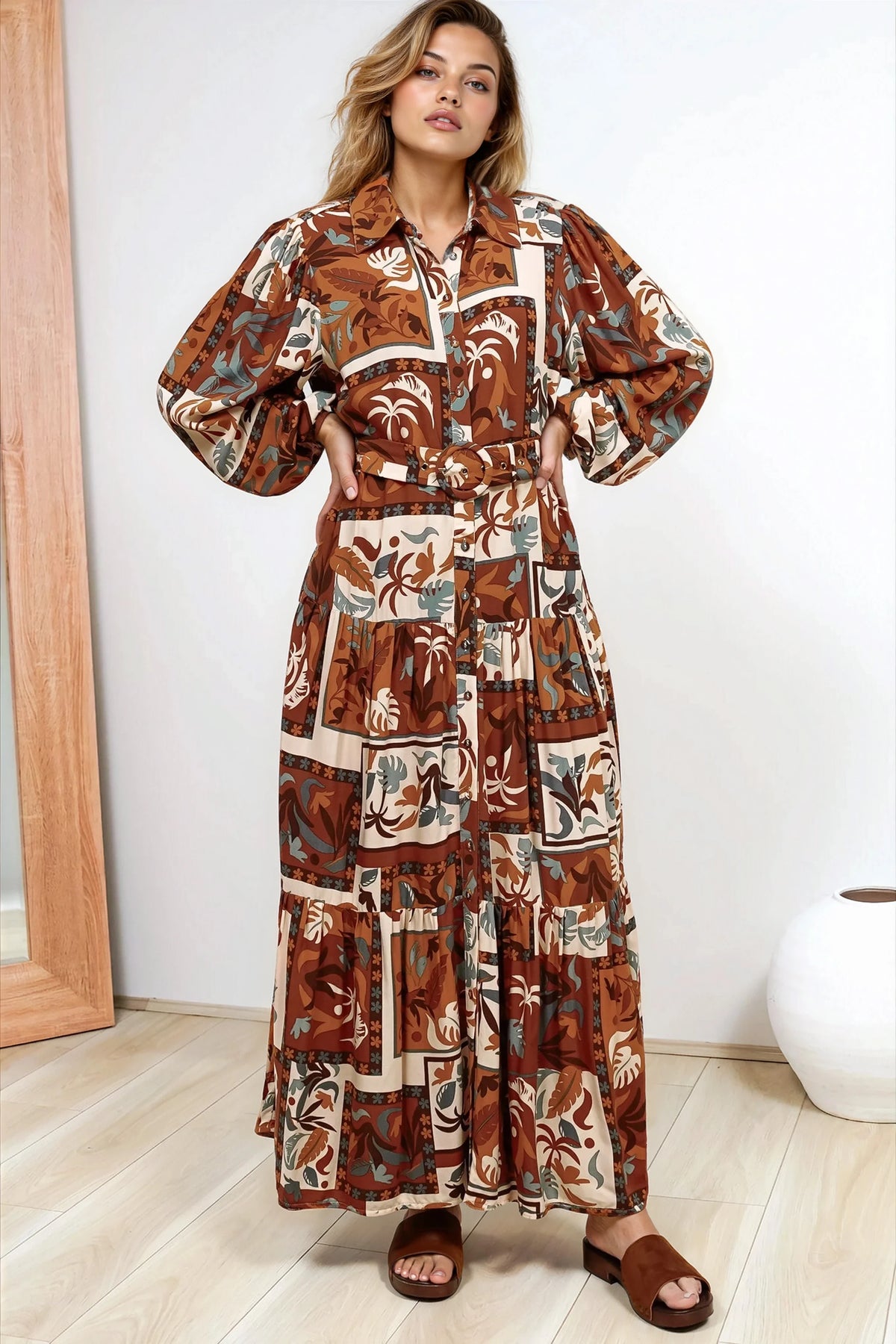 Luxley Maxi Dress - Collared Button Down Shirt Dress with Matching Belt in Jaya Muse Print