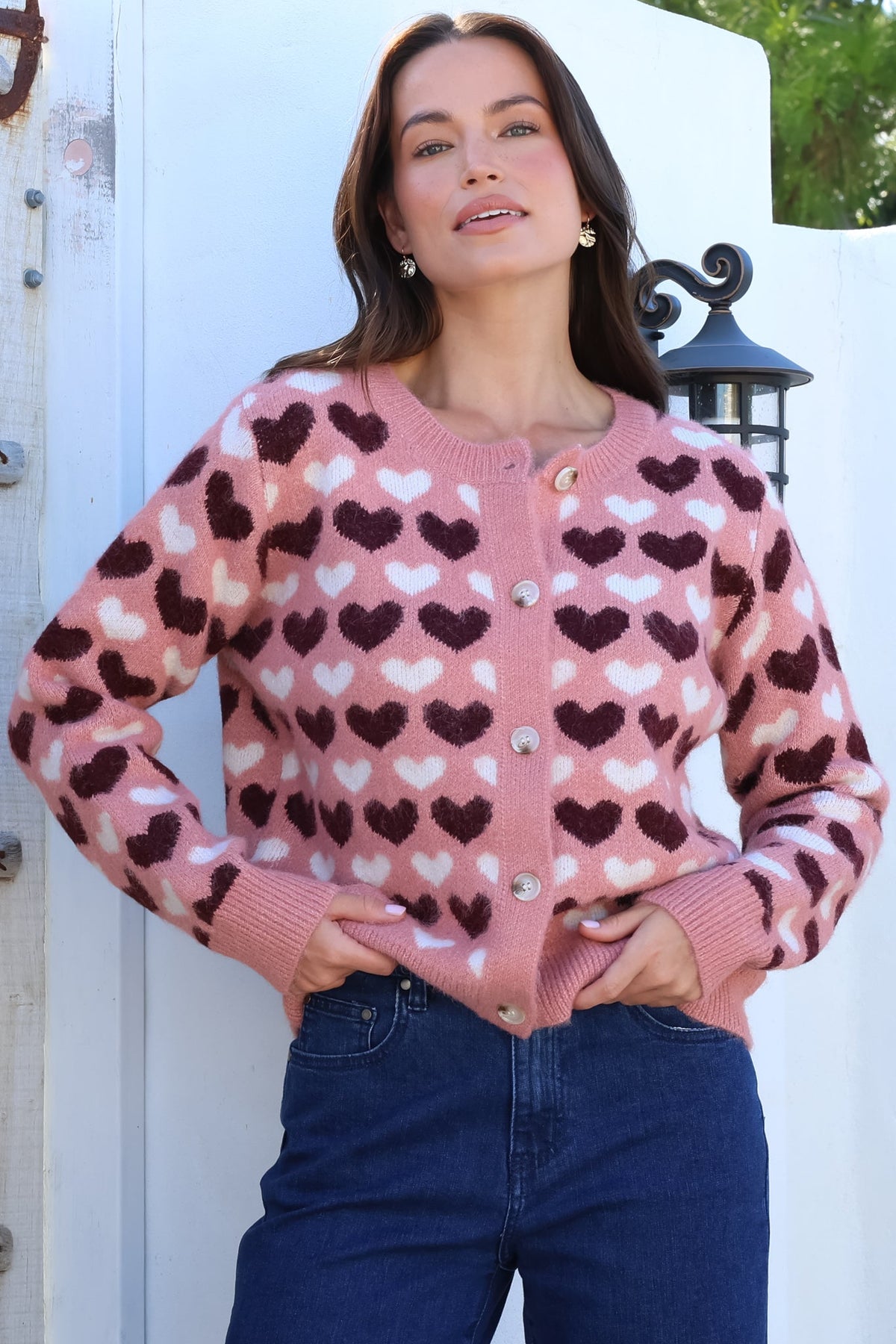 Lynnie Cardigan - Round Neck Button Down Knit with Heart Graphic Motif in Pink