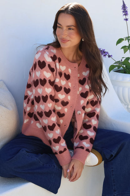 Lynnie Cardigan - Round Neck Button Down Knit with Heart Graphic Motif in Pink
