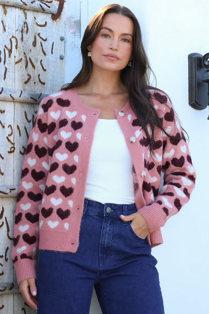Lynnie Cardigan - Round Neck Button Down Knit with Heart Graphic Motif in Pink