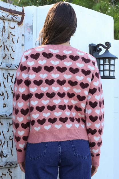 Lynnie Cardigan - Round Neck Button Down Knit with Heart Graphic Motif in Pink