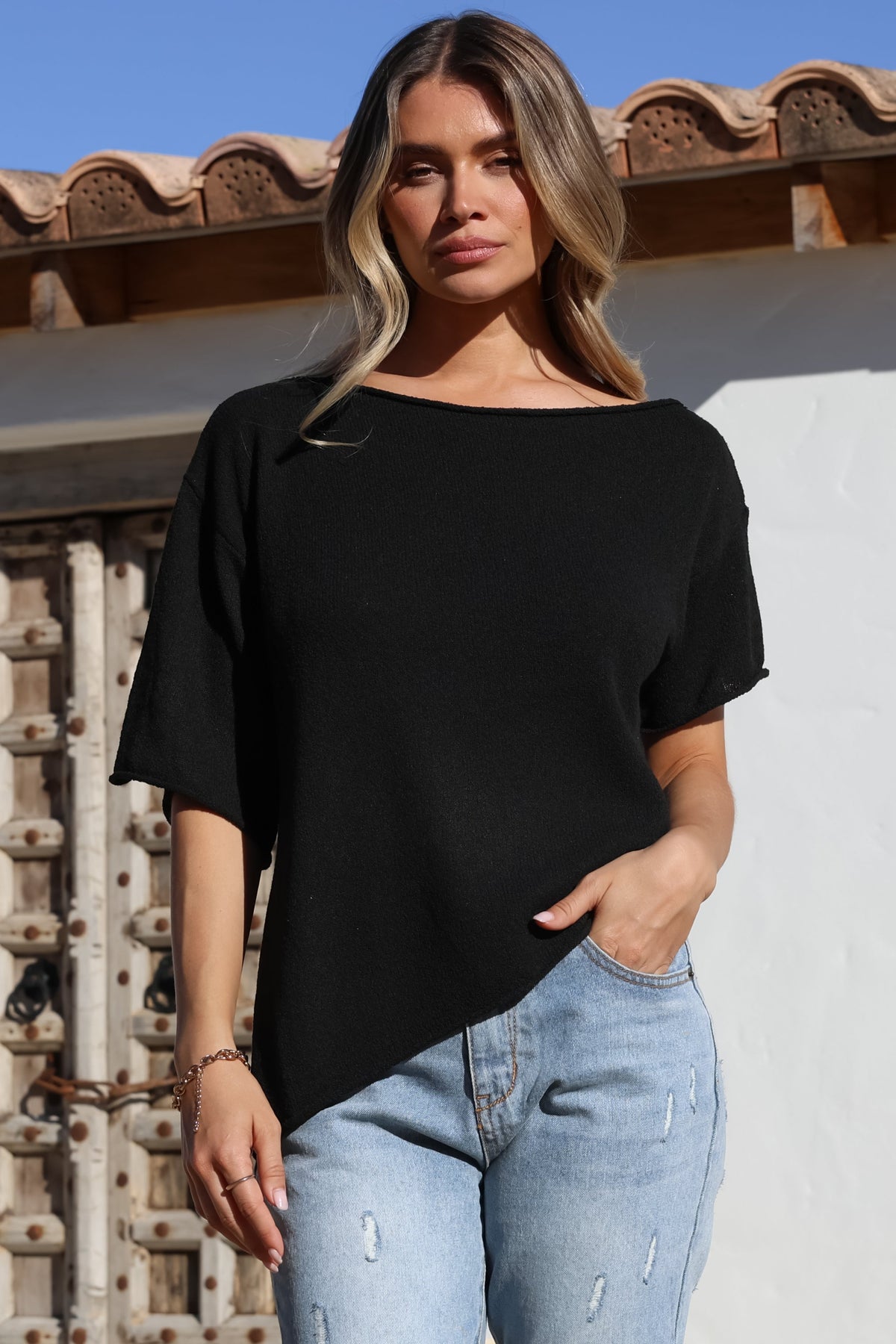 Lysandra Knit Top - Slouchy Asymmetrical Neckline Top in Black
