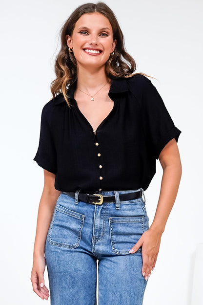 Madge Blouse - Collared Button Down with Short Sleeves in Black