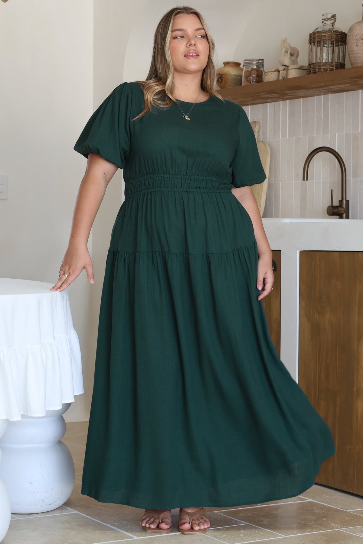 Maeana Maxi Dress - Short Balloon Sleeeve Elasticated Waist A Line Dress in Emerald