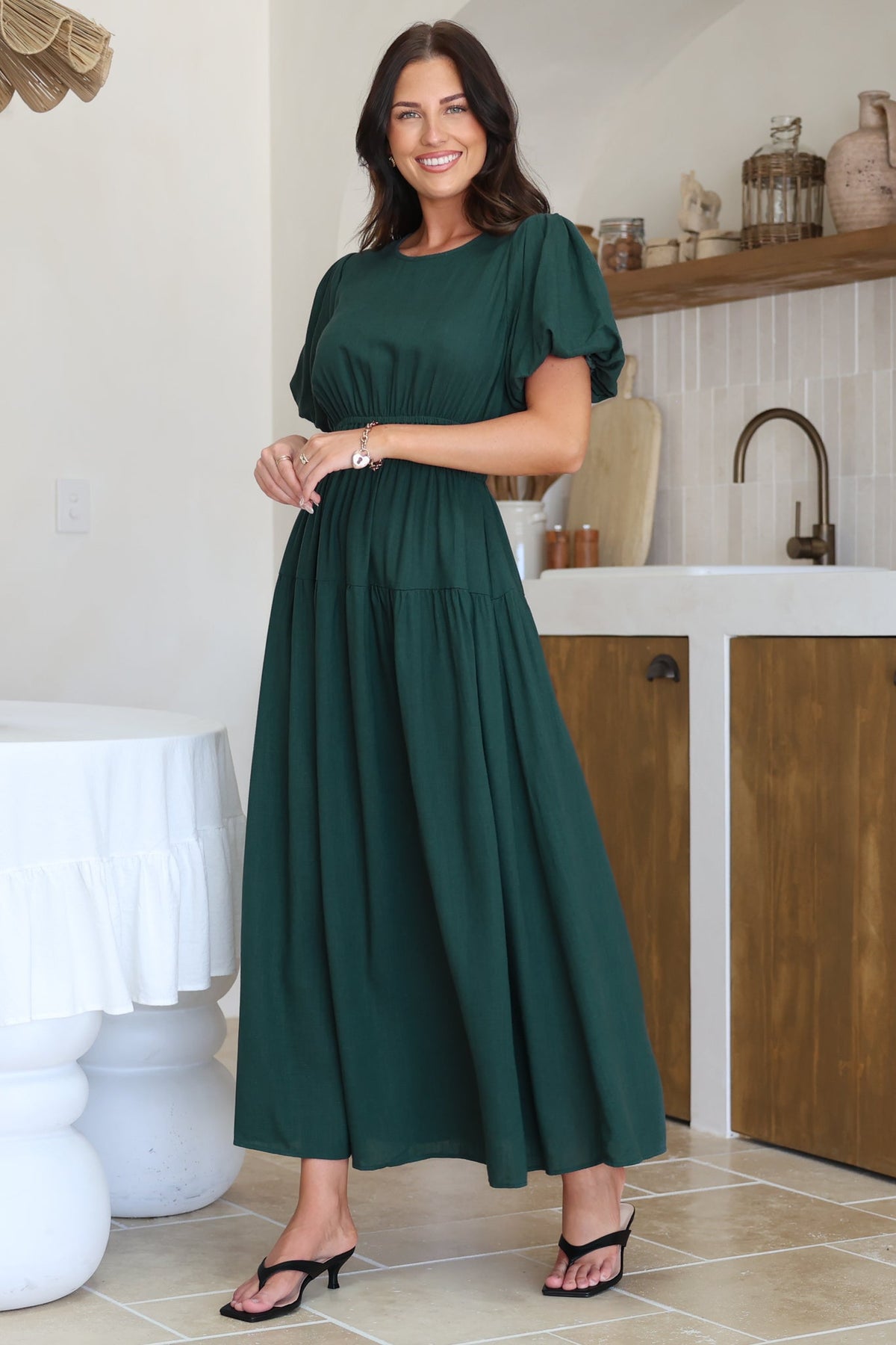 Maeana Maxi Dress - Short Balloon Sleeeve Elasticated Waist A Line Dress in Emerald