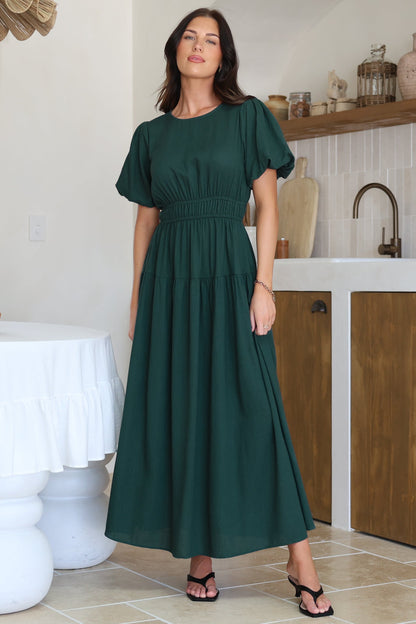 Maeana Maxi Dress - Short Balloon Sleeeve Elasticated Waist A Line Dress in Emerald