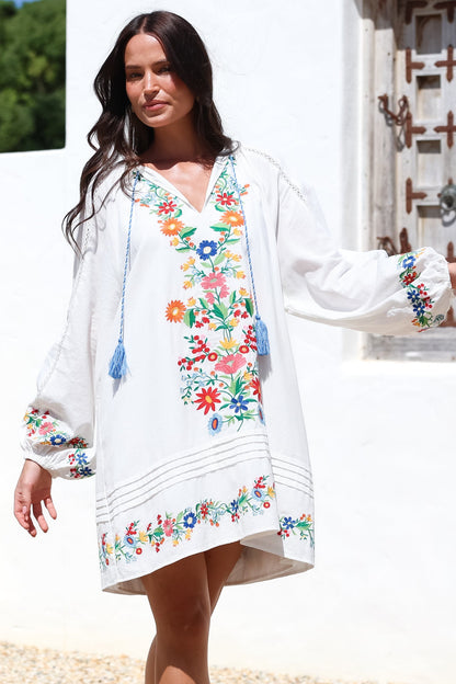 Margerie Long Sleeve Mini Dress - V-Neck Multicoloured Floral Embroidered Shift Dress in White