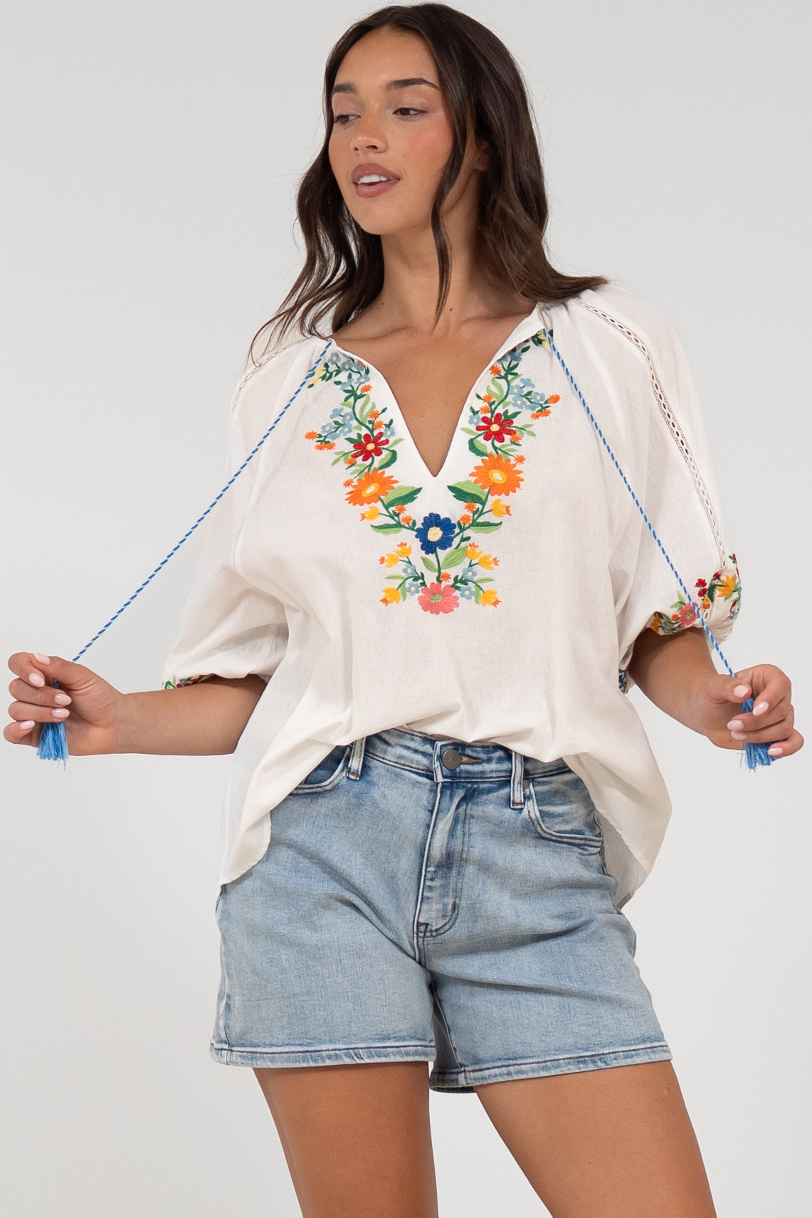 Margerie Top - Floral Embroidered Top with 3/4 Sleeves in White