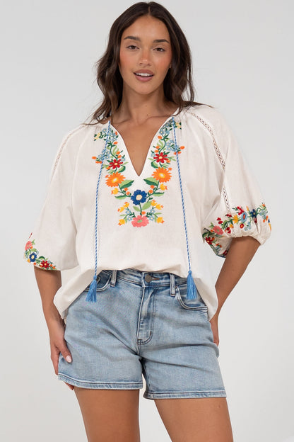 Margerie Top - Floral Embroidered Top with 3/4 Sleeves in White