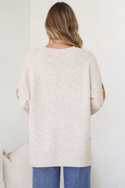Marlo Jumper - Crew Neck Floral Knit with Ribbed Hemlines in Oatmeal