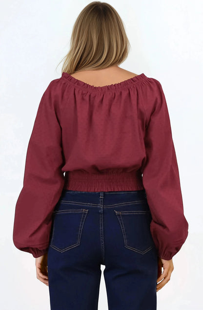 Marlon Top - On or Off Shoulder Pin Tuck Detail Long Balloon Sleeve Crop in Wine