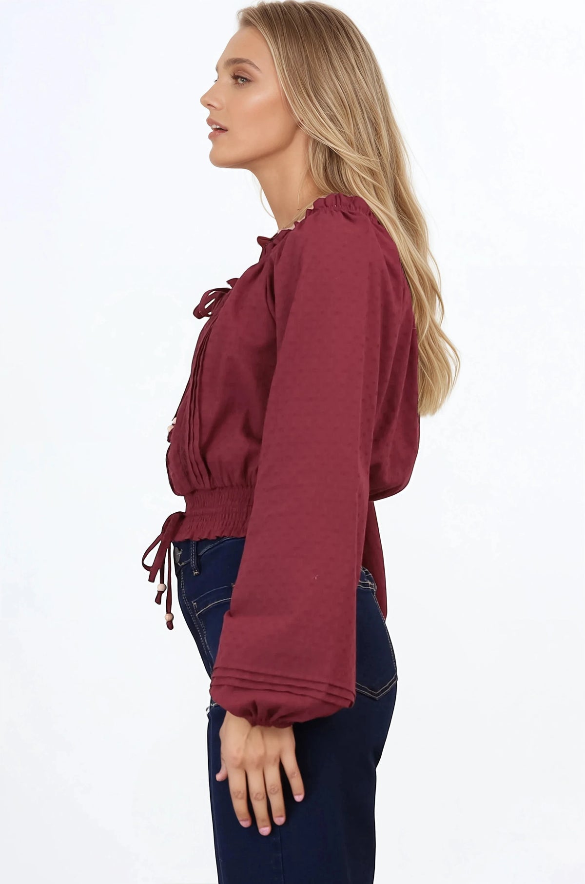 Marlon Top - On or Off Shoulder Pin Tuck Detail Long Balloon Sleeve Crop in Wine