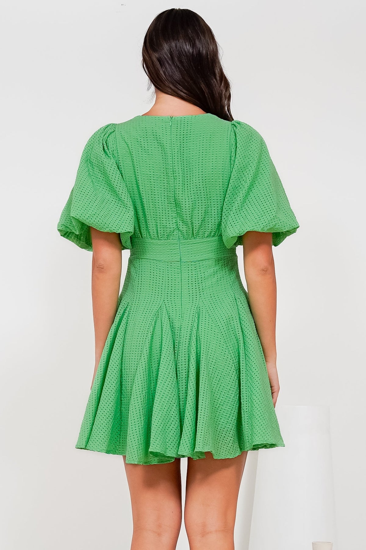 Marsala Mini Dress - V-Neck Puff Sleeve Skater Skirt Dress in Green