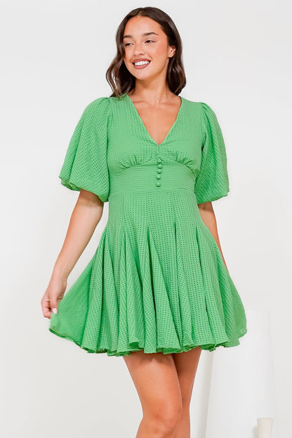 Marsala Mini Dress - V-Neck Puff Sleeve Skater Skirt Dress in Green