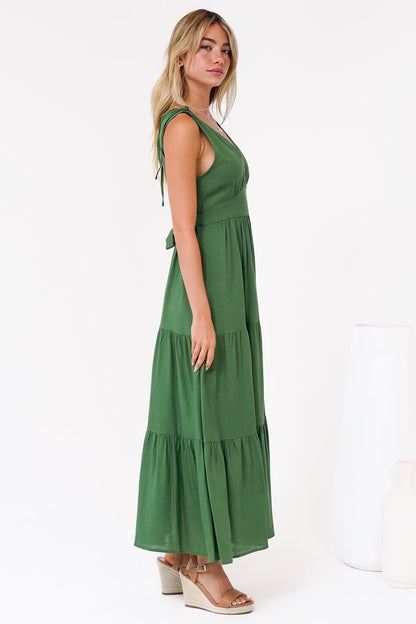 Maude Maxi Dress - Deep V-Neck Ties on Shoulders Tiered Dress in Green