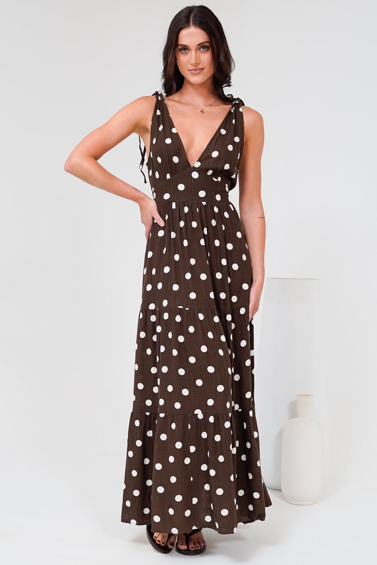 Maude Maxi Dress - Deep V-Neck Ties on Shoulders Tiered Dress in Kitson Spot Print Chocolate