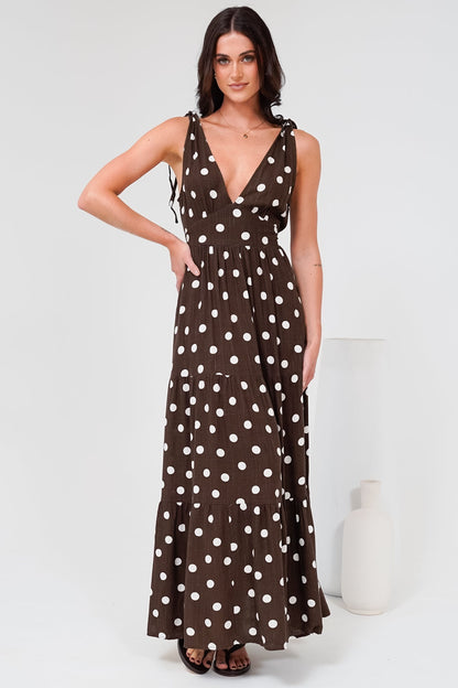 Maude Maxi Dress - Deep V-Neck Ties on Shoulders Tiered Dress in Kitson Spot Print Chocolate
