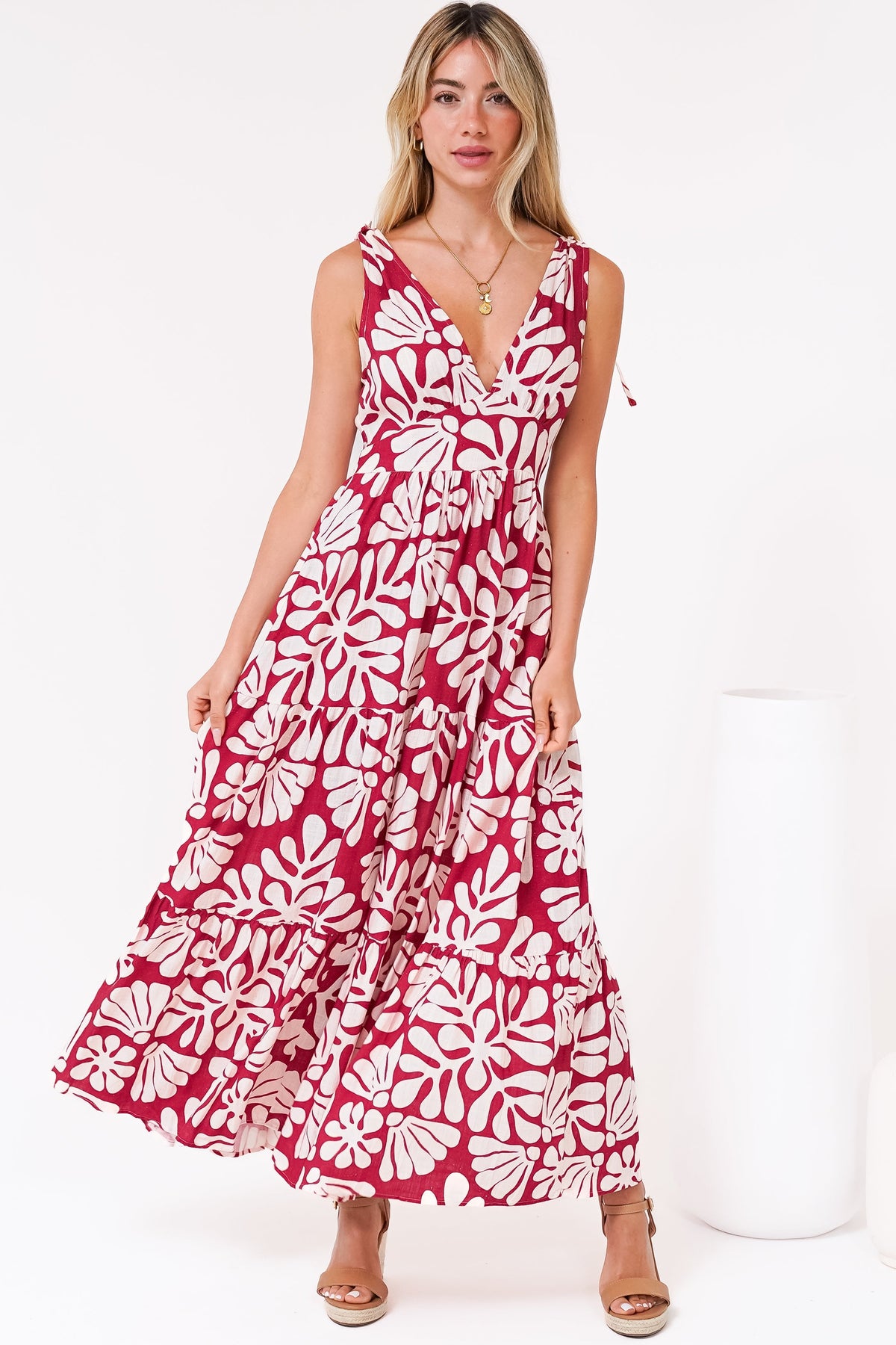 Maude Maxi Dress - Deep V-Neck Ties on Shoulders Tiered Dress in Lunie Print Red