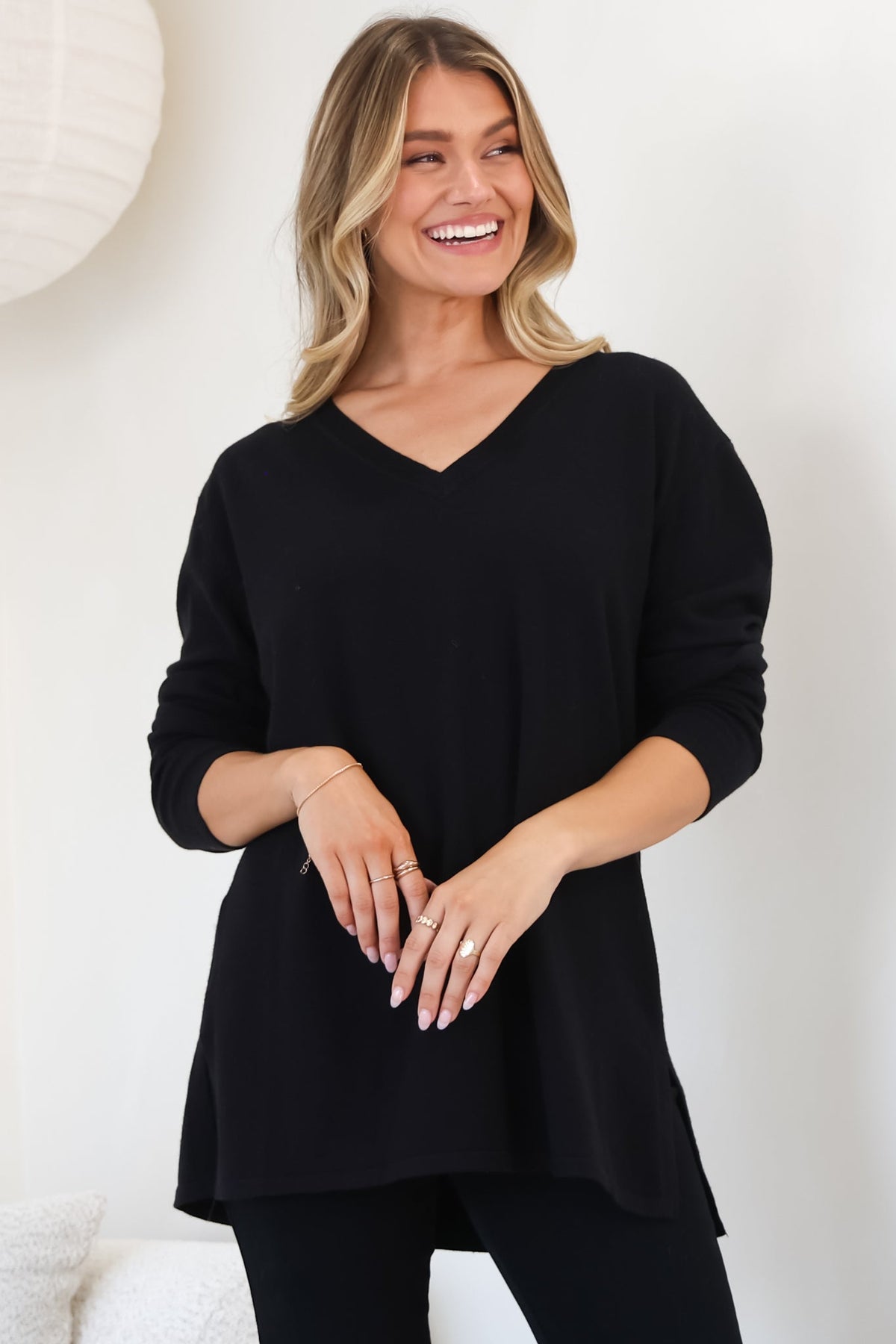 Mayanna Jumper - Light Weight V Neck Knit Jumper with Side Splits in Black
