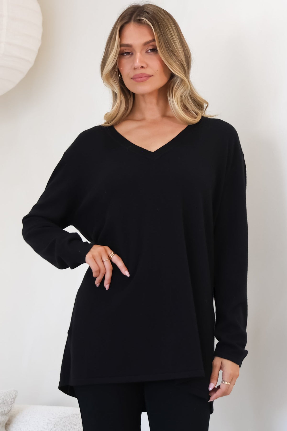 Mayanna Jumper - Light Weight V Neck Knit Jumper with Side Splits in Black