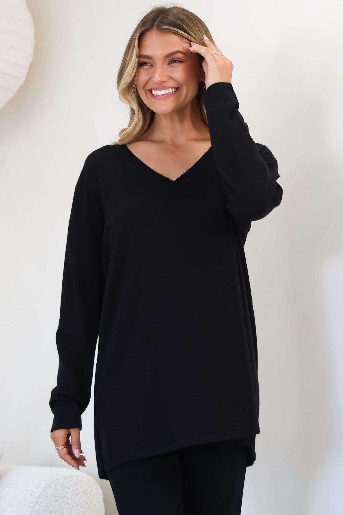 Mayanna Jumper - Light Weight V Neck Knit Jumper with Side Splits in Black