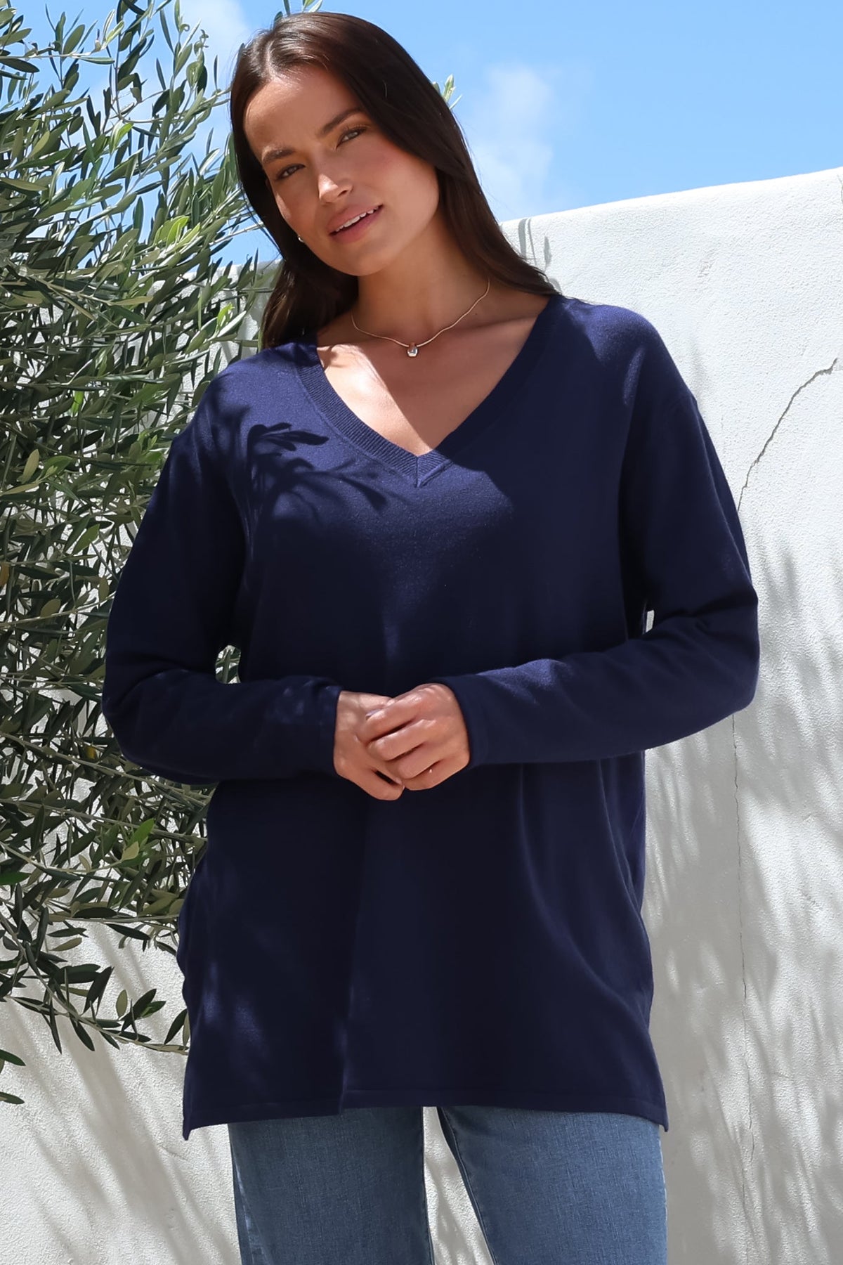 Mayanna Jumper - Light Weight V Neck Knit Jumper with Side Splits in Navy