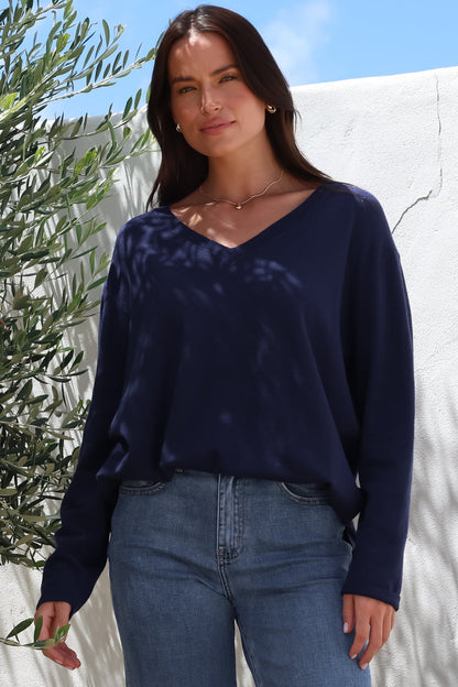 Mayanna Jumper - Light Weight V Neck Knit Jumper with Side Splits in Navy