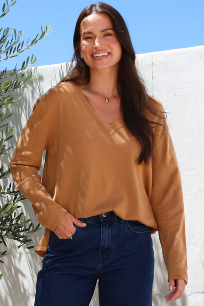 Mayanna Jumper - Light Weight V Neck Knit Jumper with Side Splits in Rust