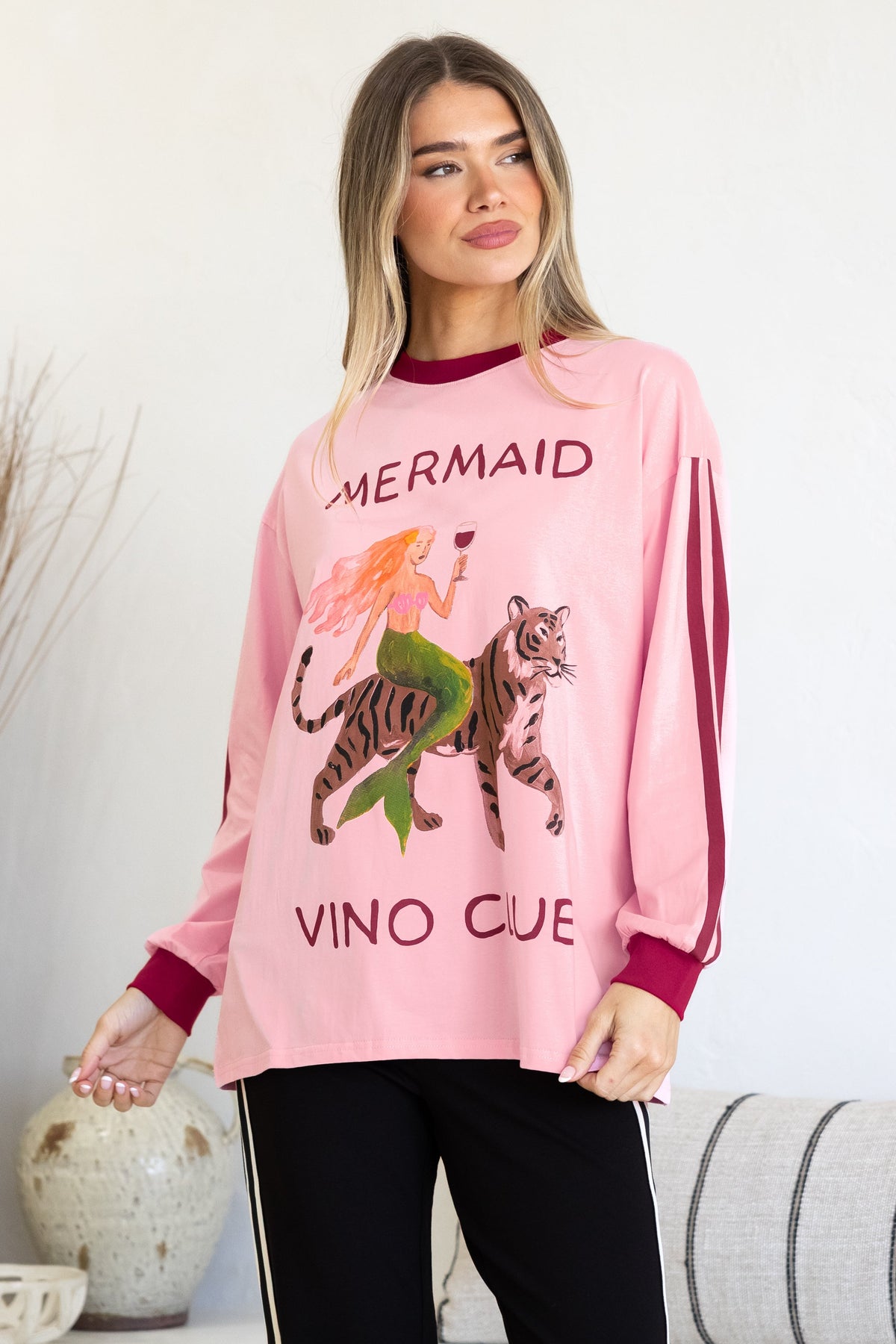 Mermaid Vino Long Sleeve Tee - Crew Neck Contrast Stripe Graphic T-Shirt in Pink