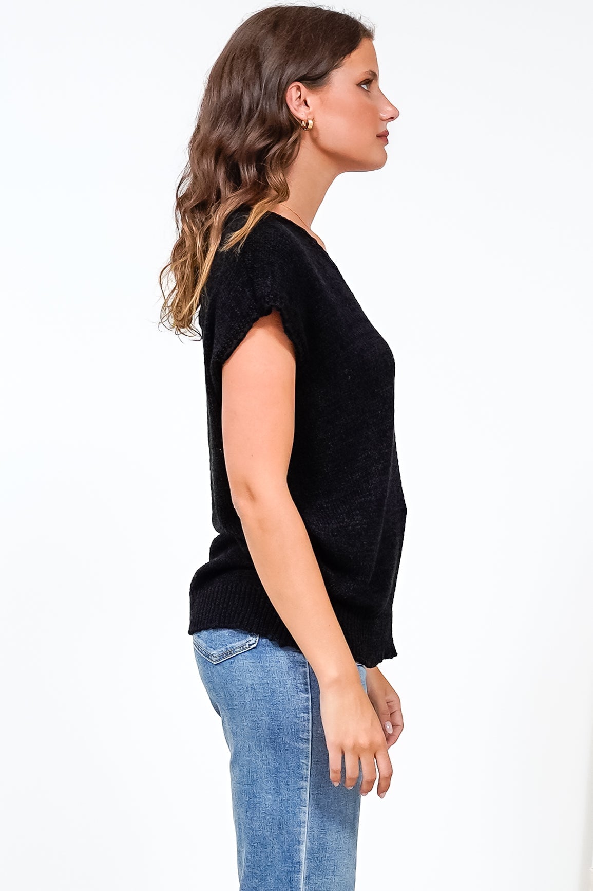 Millicent Knit Top - Relaxed V-Neck Top with Ribbed Hemline in Black