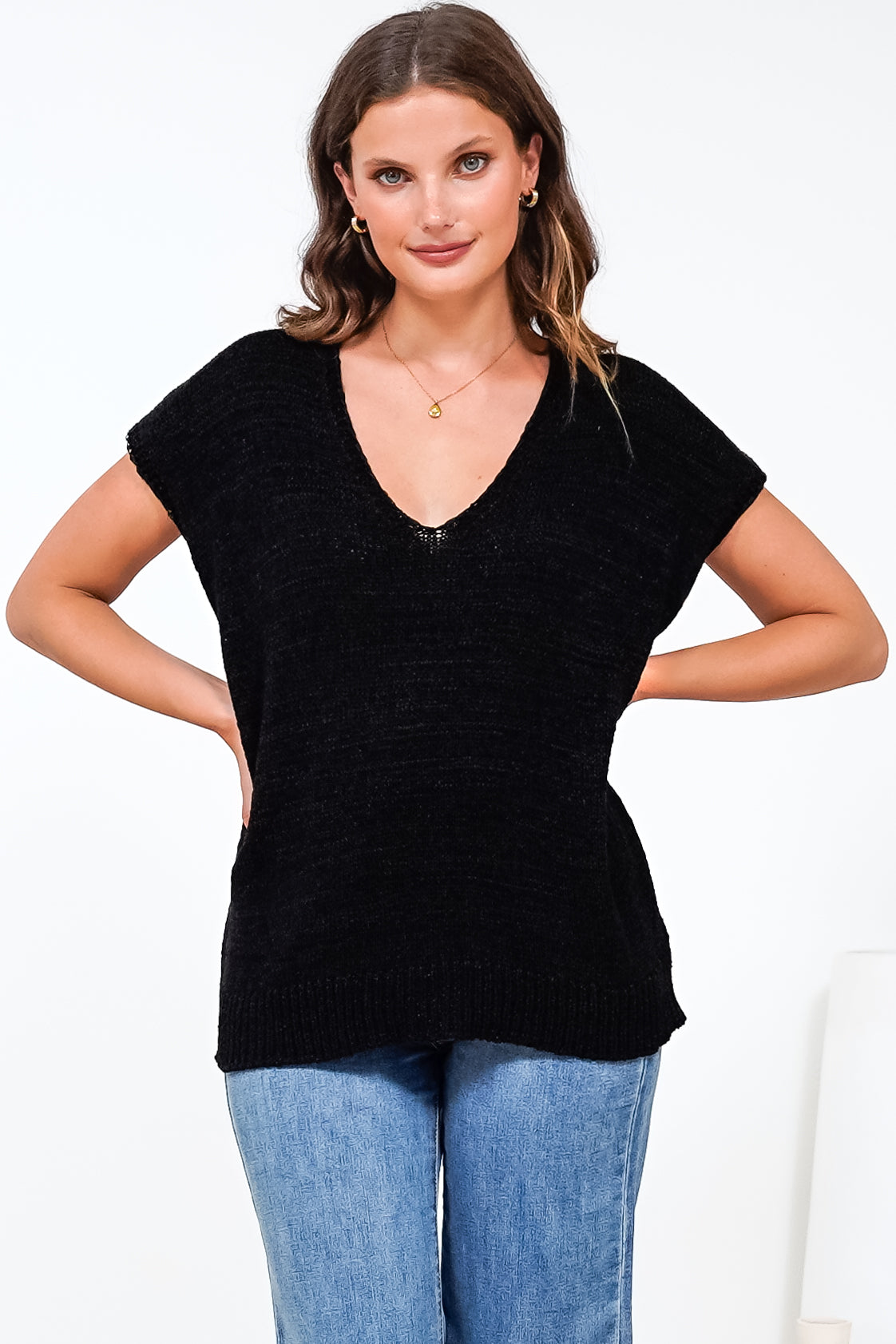 Millicent Knit Top - Relaxed V-Neck Top with Ribbed Hemline in Black